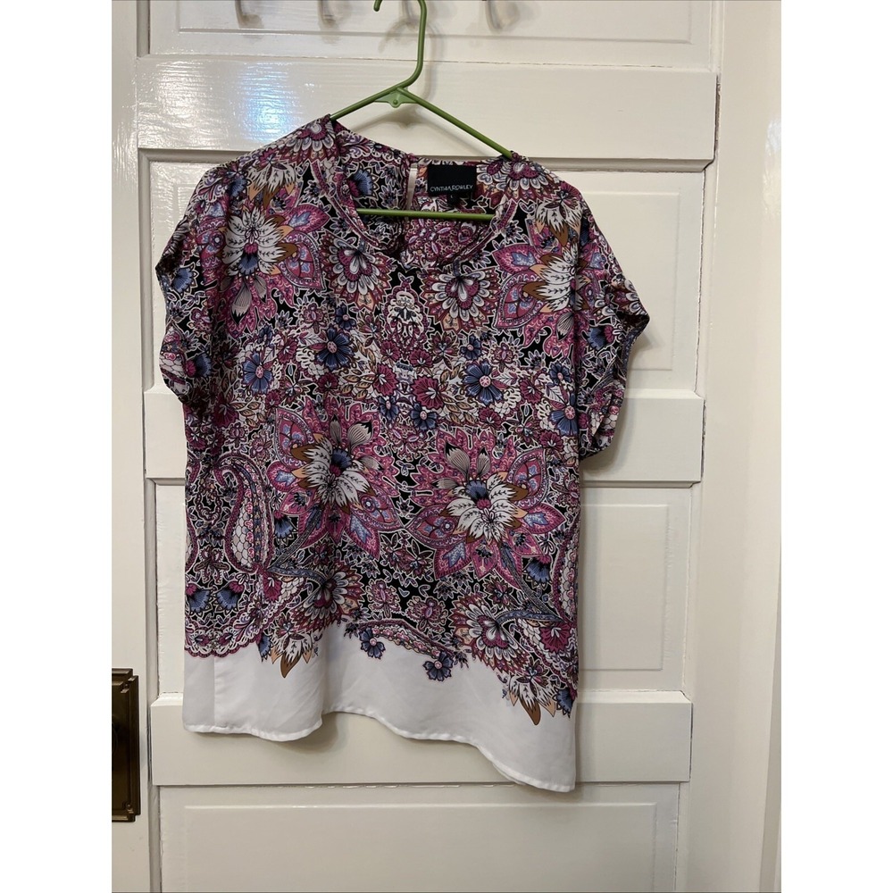 Cynthia Rowley Womens Pink Purple Paisley Floral Print Short Sleeve Blouse L